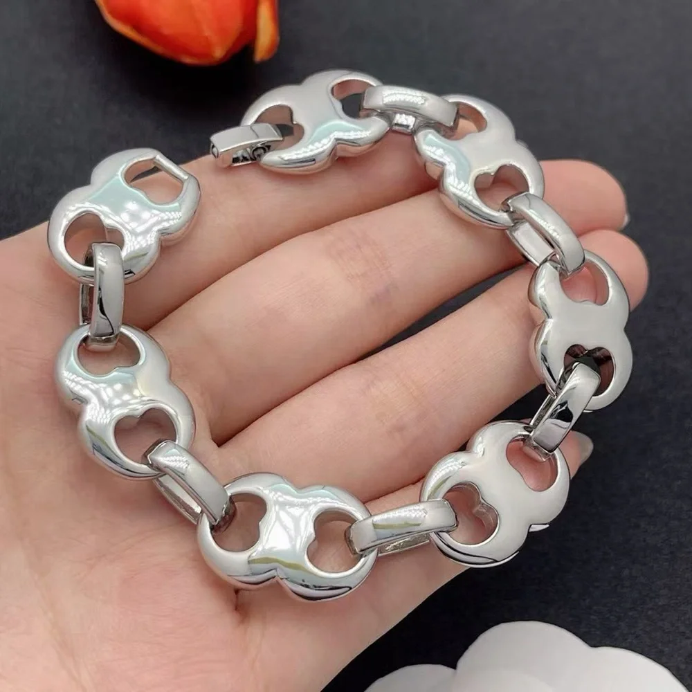Tory Burch Polished Silver-Link Logo Bracelet